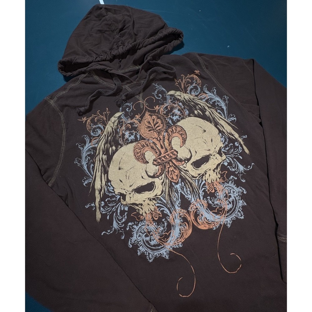 Y2K No Boundaries Hoodie Mens M Cross Skulls Dark Brown Grunge Skater Wings - Picture 2 of 9